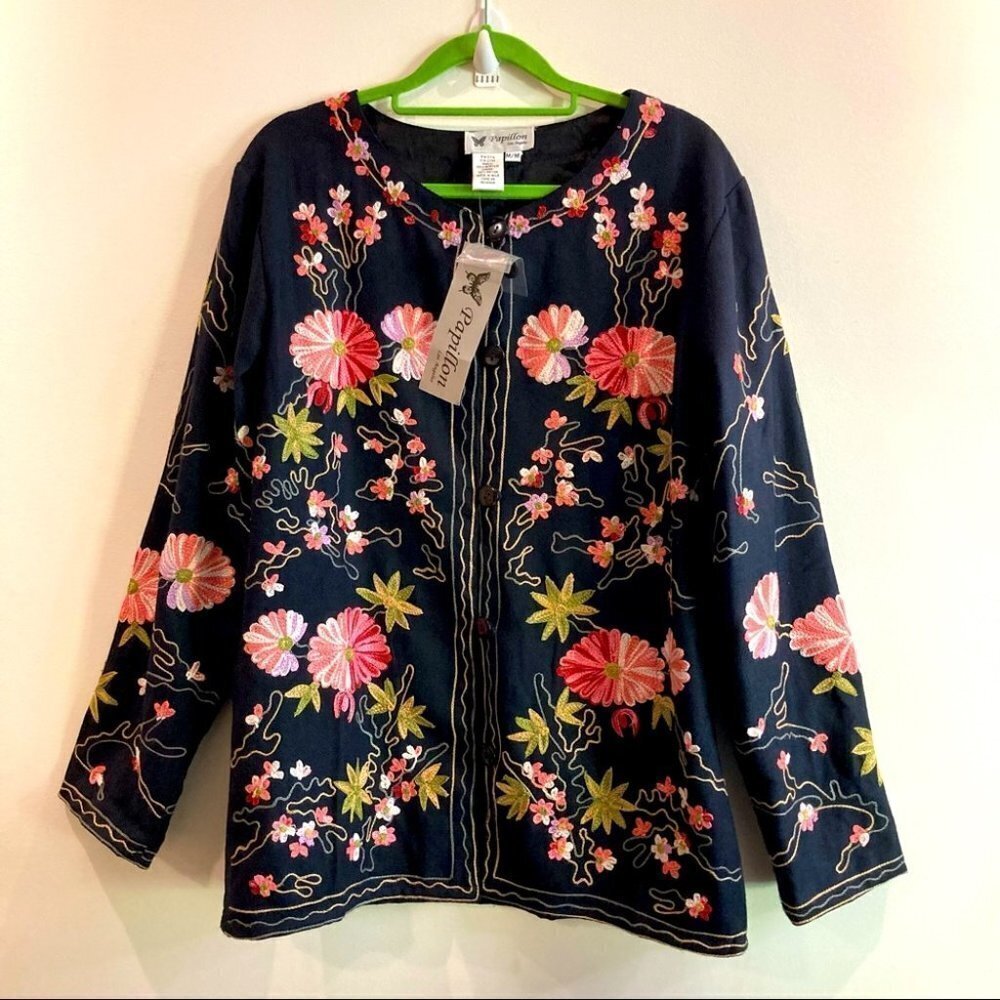 PAPILLON Sz M Embroidered Lined Floral Made in India Jacket NEW WITH TAG